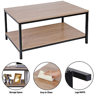 #ad 2 Tier Natural Rectangular Wood Coffee Table Metal Frame MDF Home Tea Table Desk $44.58