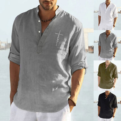 #ad Mens Button Up V Neck Casual Shirts Long Sleeve Collar Loose Fit Tops Blouse US $19.59