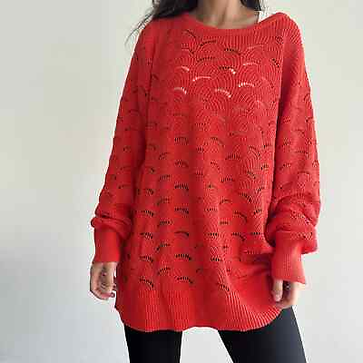 #ad NEW Long Tall Sally LTS Sweater US 18 Pointelle Open Knit Pullover Jumper Red $48.99