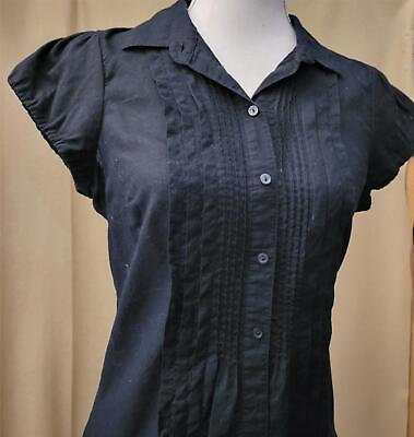 #ad The Limited Sz M Black Top Blouse Tucks Semi Sheer Cap Sleeve Button Front Shirt $8.58
