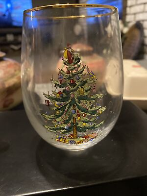 #ad 1 Spode 16oz Stemless Wine Glass Santa Top Christmas Tree 4.5 Inches $9.00
