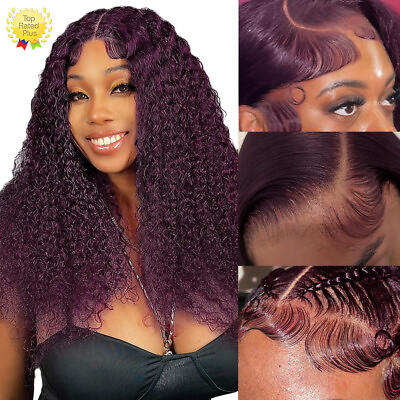 #ad Dark Burgundy Wigs Human Hair Dark Purple Curly 13x4 HD Lace Frontal Wig Gifts $229.98