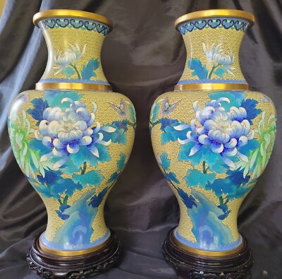#ad 2 ANTIQUE MATCHING CLOISONNE VASES BLUE CHRYSANTHEMUMS amp;BUTTERFLY 15quot; W STANDS $399.99