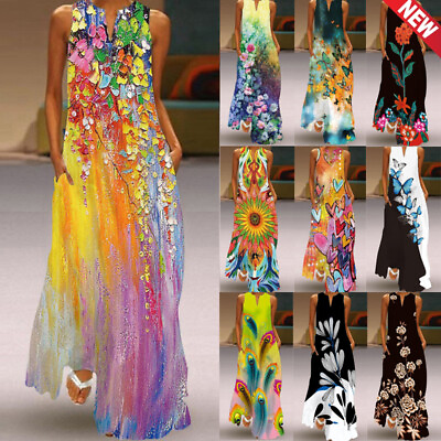 #ad Women Boho Floral Maxi Dress Cocktail Party Evening Ladies Summer Beach Sundress $16.00