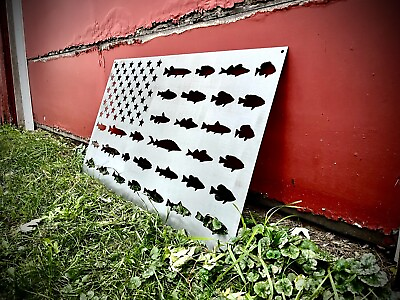 #ad 36 inch Fishing American Flag Steel Sign Freshwater Fish Theme Metal Flag Fish $169.00