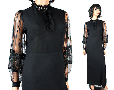 #ad 20s 30s Evening Gown Sz S Vintage Black Bias Cut Rayon Crepe Lace Long Dress $245.00