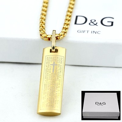 #ad DG Men#x27;s Stainless Steel BIBLE VERSES.CROSS Pendant 20quot; Chain Gold plated Box $18.95