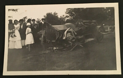 #ad Vintage Unusual Bamp;W Photo Model T in a Wreck Crash Accident Family Looking #4259 $4.99