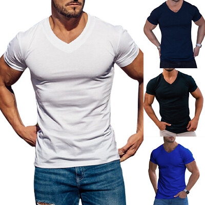#ad Mens V Neck Plain Short Sleeve T Shirt Summer Slim Fit Casual Muscle Tops Tee US $16.52