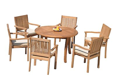 #ad DSLV A Grade Teak 7pc Dining Set 48quot; Round Table 6 Stacking Arm Chairs Outdoor $1913.90