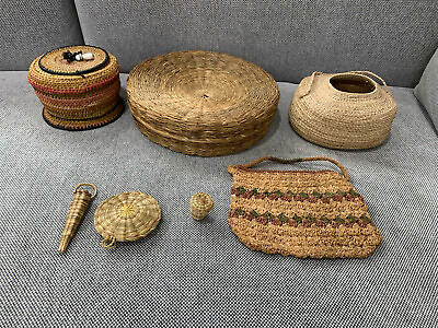 #ad Unknown Age Lot of 7 Basket Weave Woven Items Baskets Miniatures Vase Purse $115.00
