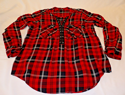 #ad Express Womens Large Tartan Plaid Lace Front Tunic Shirt Long Sleeve Rayon $16.98
