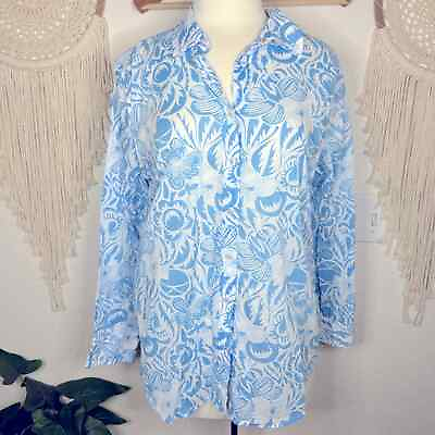 #ad Talbots 100% cotton lightweight blue amp; white floral print button up shirt large $36.47