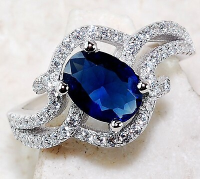 #ad 2CT Blue Sapphire amp; Topaz 925 Solid Sterling Silver Ring Sz 6 GB2 8 $29.99