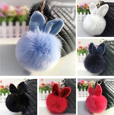 #ad Rabbit Fur Ball Rabbit Ear PomPom Cell Phone Car Pendant Handbag Key Chain Ring $7.12