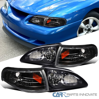 #ad Fit Ford 94 98 Mustang GT SVT Headlights BlackCorner Turn Signal Lamps w Amber $85.95