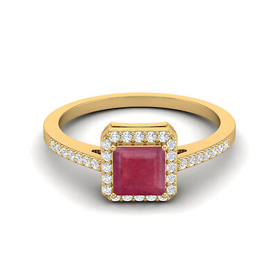 #ad 6 MM Square Ruby Halo Accent 925 Sterling Silver Yellow Plated Women Ring $49.36