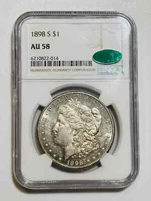 #ad 1898 S Morgan Silver Dollar NGC AU 58 CAC Low Cac Population PL both sides $678.00