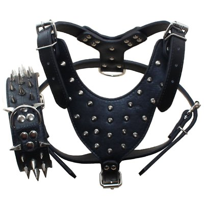 #ad Leather Sharp Spiked Studded Dog Collar amp; Harness set for Pit Bull Terrier $38.99