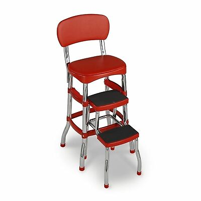 #ad Red Folding Step Stool Kitchen Office Home Chair Back Retro 2 Platform Ladder $136.90