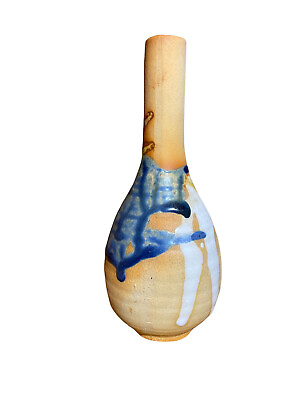 #ad Vintage STONEWARE Vase Small Lava Glaze Over Natural Tan Drip Glaze Japan Boho $6.99
