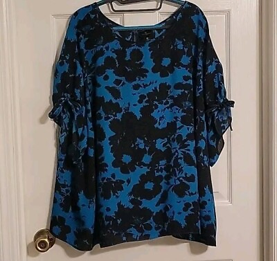 #ad Worthington Plus Size 1x Blue Black Floral Short Sleeve Sheer Blouse Top $25.99