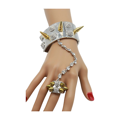 #ad Women Silver Metal Hand Chain Gold Spikes Bracelet Ring Biker Motorcycle Look $19.99