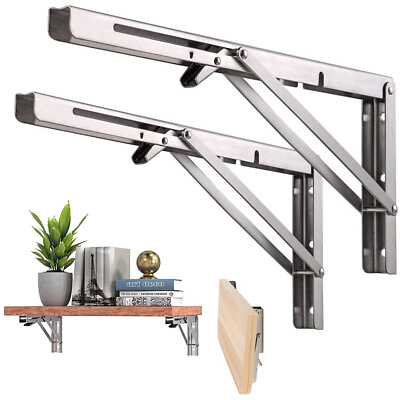 #ad 2pcs Folding Heavy Duty Shelf Brackets Stainless Wall Mounted Collapsible 8inch $13.99