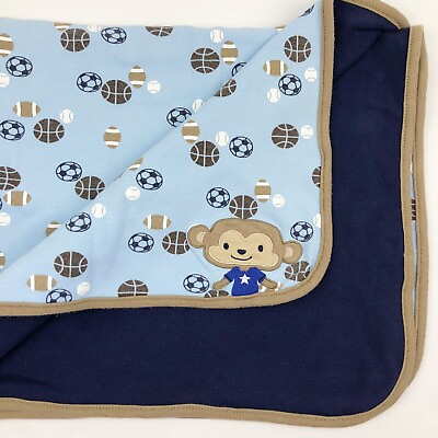 #ad Carters Child Of Mine Blue Brown Monkey Sports Balls Cotton Knit Blanket Lovey $18.99