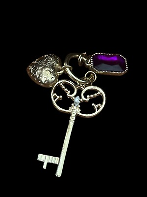 #ad Fashion Pendant 3 charms gold color old fashion key heart purple bead $5.99