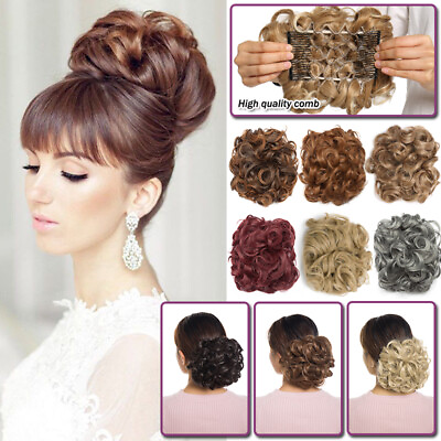 #ad 100% Real THICK Curly Chignon Messy Bun Updo Cover Clip in Hair Piece Extensions $13.40
