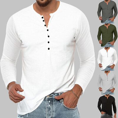 #ad Mens Long Sleeve V Neck Shirt Tops Collarless Button Pullover T Shirt Blouse US $21.43