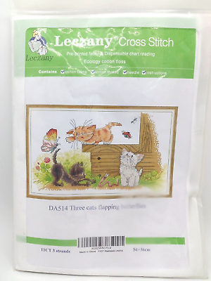 #ad Leczany Cross Stitch: 3 Cats Flapping Butterflies 11 CT 3 Strands 56 x 36cm. $3.00