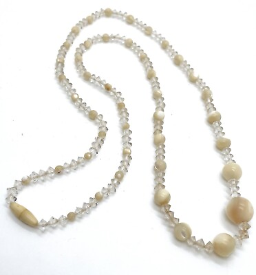 #ad Antique Long Mother of Pearl Cut Glass Graduated Bead Necklace w Unique Clasp $21.00