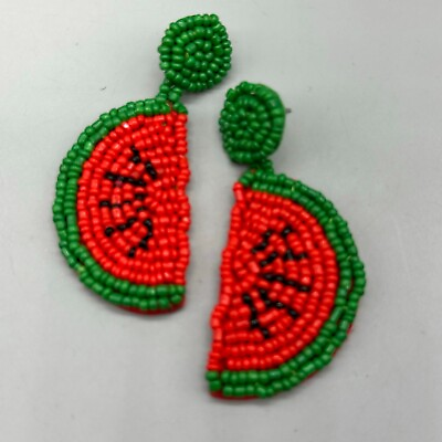 #ad Watermelon Earrings Beaded Dangle Statement Pierced Fruit Jewelry 2.5 Inch $14.44