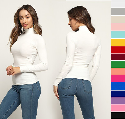 #ad #ad Women#x27;s Basic Turtleneck Top Soft Stretch Ribbed Knit Cotton Long Sleeve Shirt $14.99