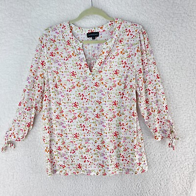 #ad Cynthia Rowley White Floral Print Shirt Womens 3 4 Sleeve V Neck Size XL $14.99