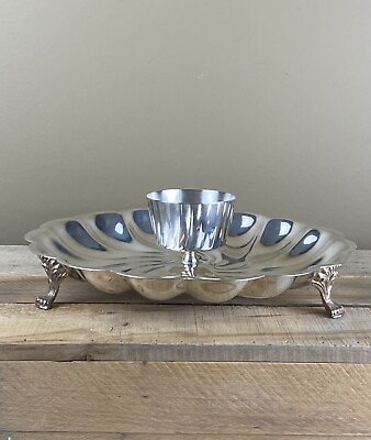 #ad Silverplate Footed Serving Platter w Dip Bowl Seafood Vegetable Fruit Appetizer $19.00