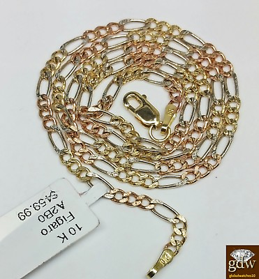 #ad Real 10K Trio Gold Figaro Link Chain 18 Inch ladies Kids Diamond Cut Strong $214.60