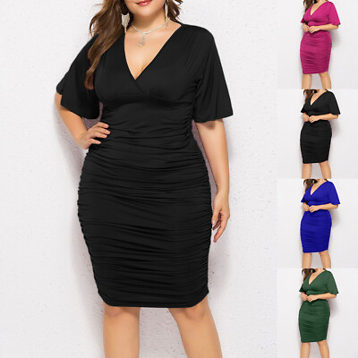 #ad Plus Size Women#x27;s Half Sleeve Bodycon Midi Dress V Neck Evening Party Dresses $22.09
