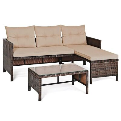 #ad Outdoor Wicker 3 Seater Sofa Set with Leg Rest and Coffee Table $469.99