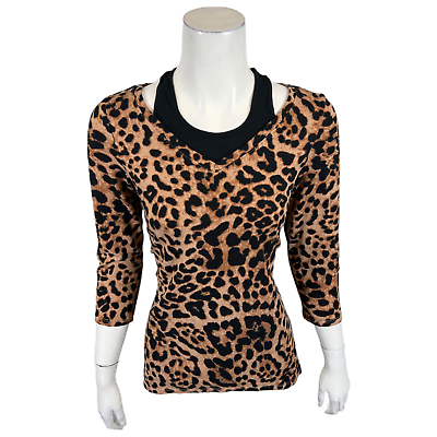 #ad Belle by Kim Gravel Womens Leopard Brushed Knit Top with Inset Brown Medium Size $20.00