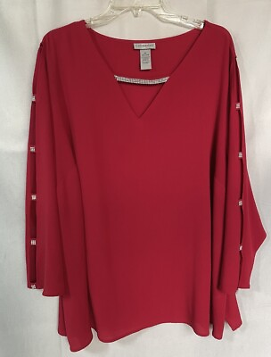 #ad Catherines Top 2x Womens Pullover Stretch Dressy Rhinestones Red Blouse $16.87