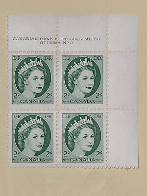 #ad 1954 Canada Post 2c Queen Elizabeth Wilding Top Right Inscription Corner Block C $155.00