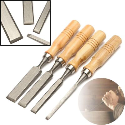 #ad 4Pcs Wood Carving Chisel Steel Durable Wooden Handle Hand Woodworking DIY Tool $20.91