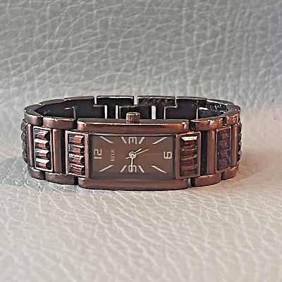 #ad Relic Watch Women Brown Tone Very Small 5.25quot; Band Rhinestone Rectangle Face $27.90