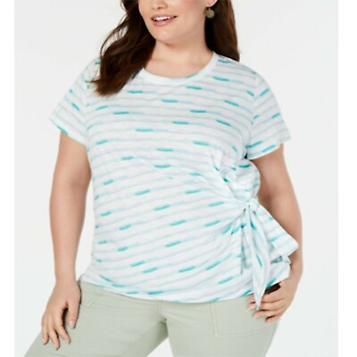 #ad Styleamp;Co Women’s Plus 2X Side Tie Stripe T Shirt Short Sleeve Teal NWT $9.99