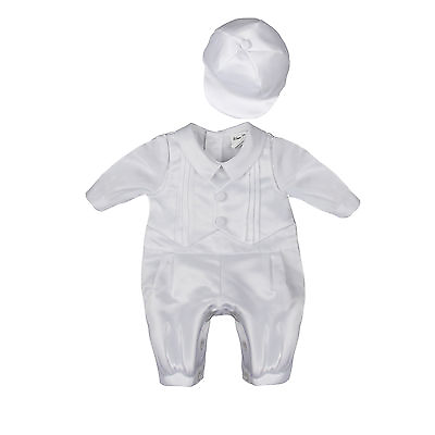 #ad NEW Baby Boys Newborn White Satin Christening Baptism Romper Suit SET With Hat AU $49.50