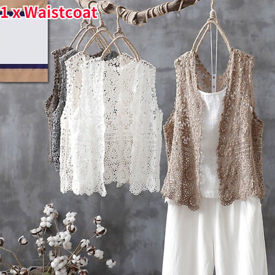 #ad Women Floral Open Cardigan Boho Crochet Vest Waistcoat Hollow Out Cover Up $18.20