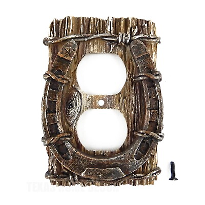 #ad Horseshoe Barbed Wire Outlet Plug Plate Cover Rustic Western Faux Wood Look $16.95